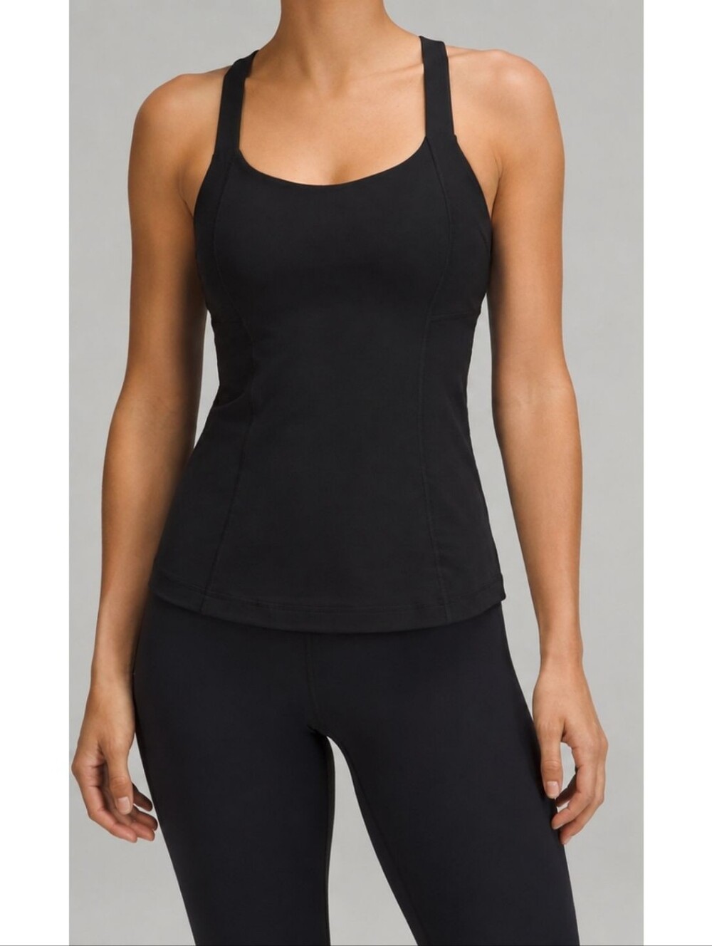 Lululemon Full Length Racerback Tank Top Black Cross Back Yoga Built In Bra